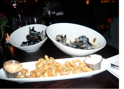 FOR STARTERS, SMOKED BACON MUSSELS AND CRISPY CALAMARI