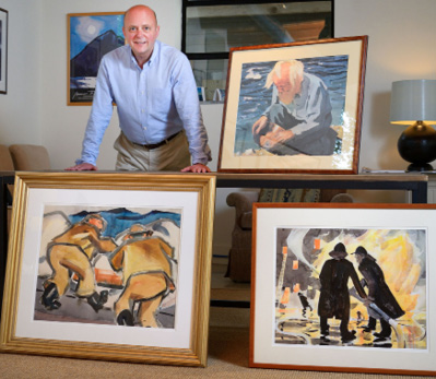 Craig Cooper and paintings, clockwise:  The Prospector,  Three Alarm Fire, and Furling the Sail
